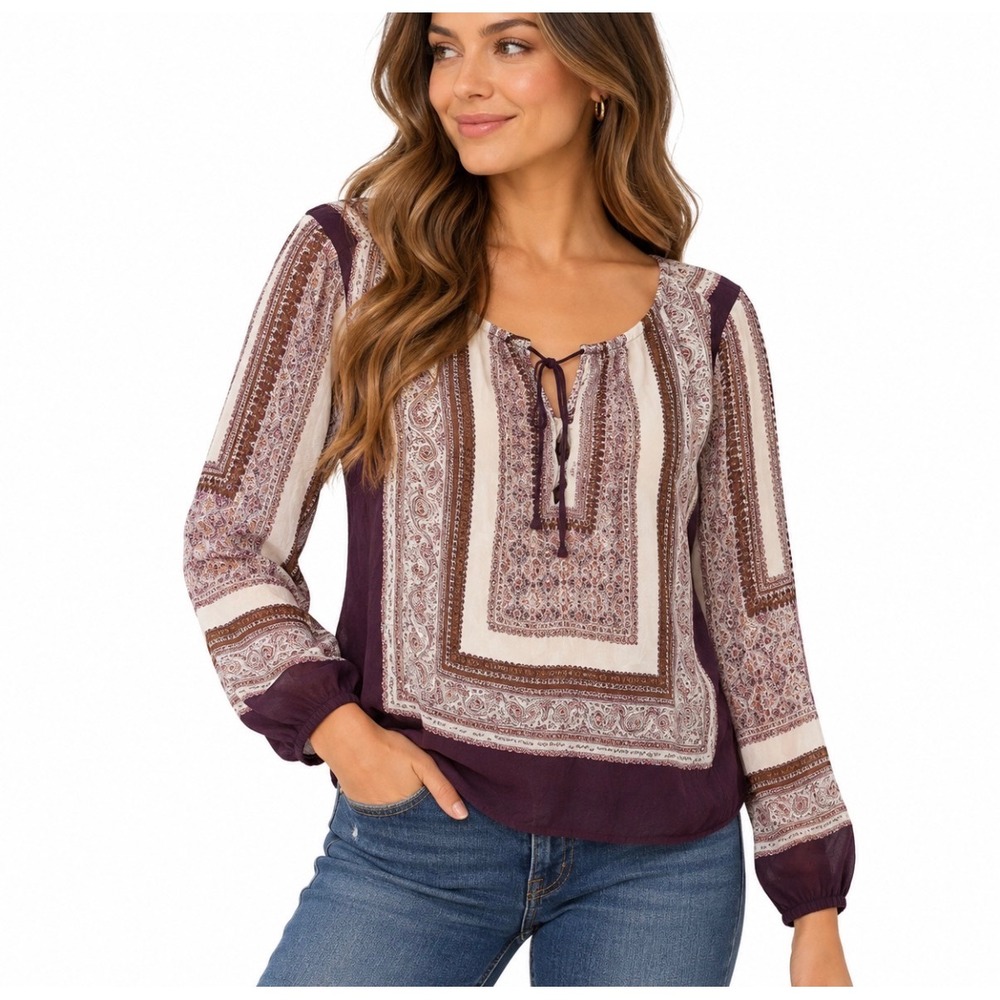 Ecru Womens S 100% Silk Paisley Print Boho Peasant Blouse Long Sleeve Maroon